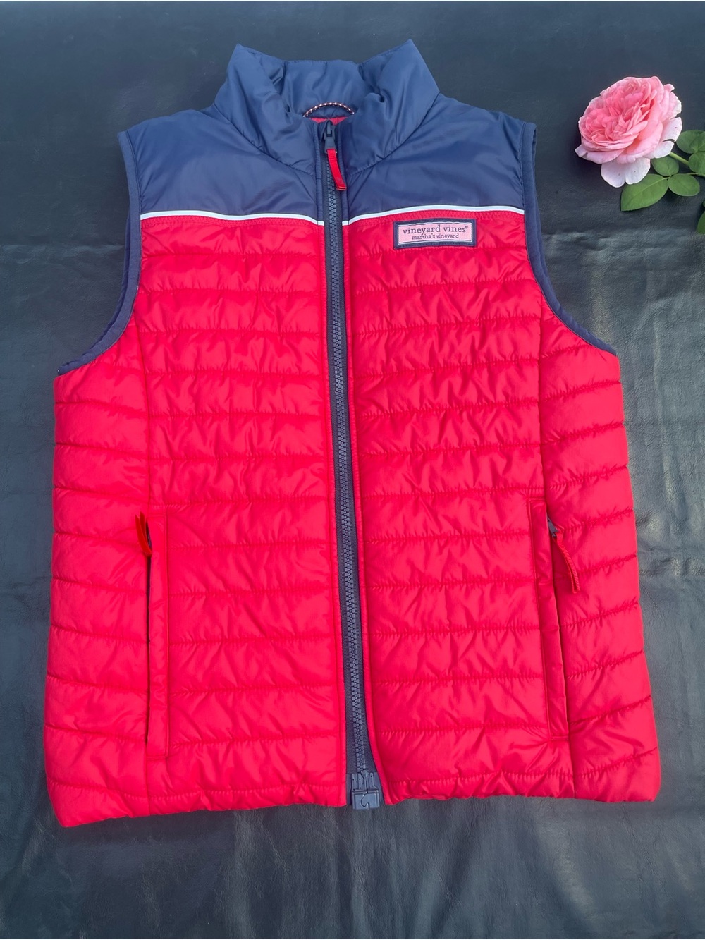 Vineyard Vines Red + Navy Quilted Puffer Vest kids 12 14
